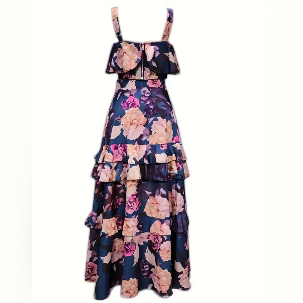 NWOT-Floral Ruffle Maxi Skirt and Top - Navy & Blush 2 Piece Set - Picture 2 of 5